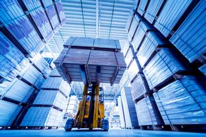 Forklift loader in storage warehouse