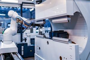 Robotic Arm production lines modern industrial technology. Automated production cell.