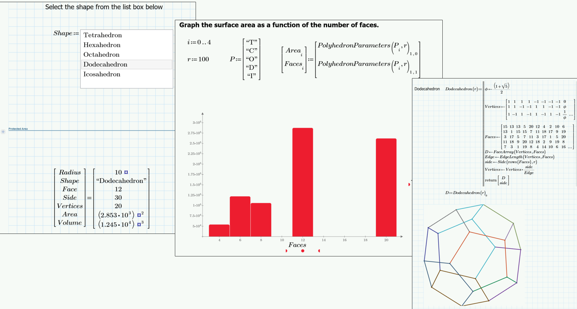 A collage of Alan Stevens', PPal's, and Patrick H's platonic solids Mathcad Prime 10 worksheets