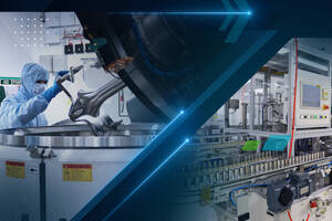 Cleanroom technician inspecting a precision component in an advanced manufacturing production facility.