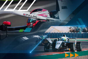 Formula race car on racetrack with digital graphics.