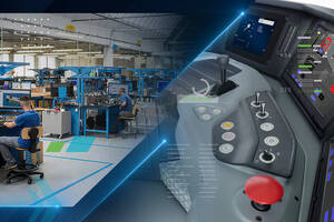 Industrial control panel and technicians working in a modern manufacturing facility.