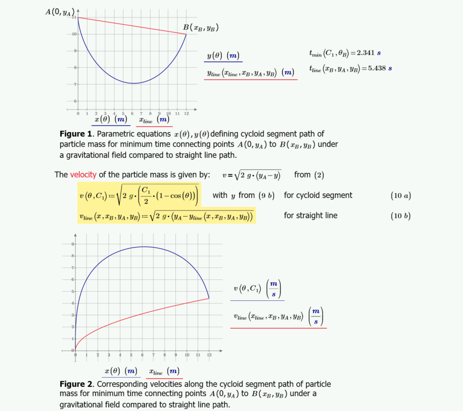 Mathcad Prime 12 brachistochrone curve cycloid segment path compared to straight line time and velocity