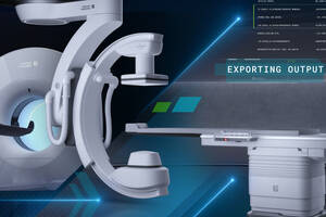 CT scanner with a circular scanning unit and patient examination table against a blue digital background.