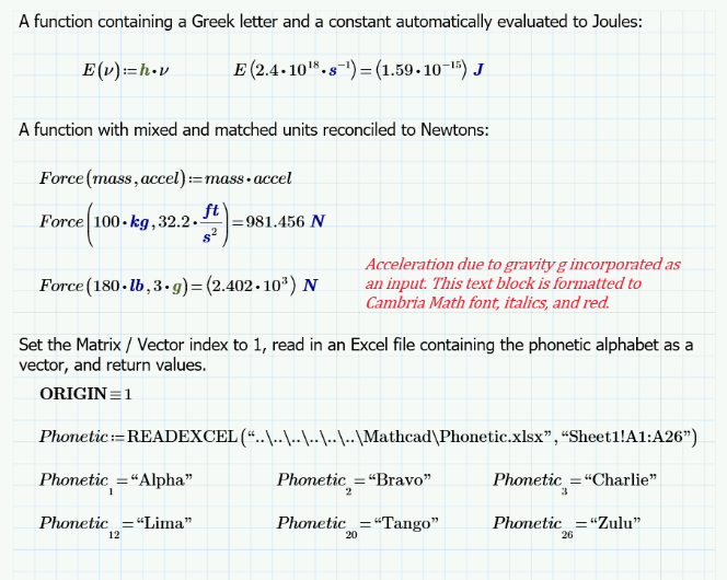 PTC Mathcad Prime worksheet featuring Greek letters, constants, units, user-defined functions, and read Excel