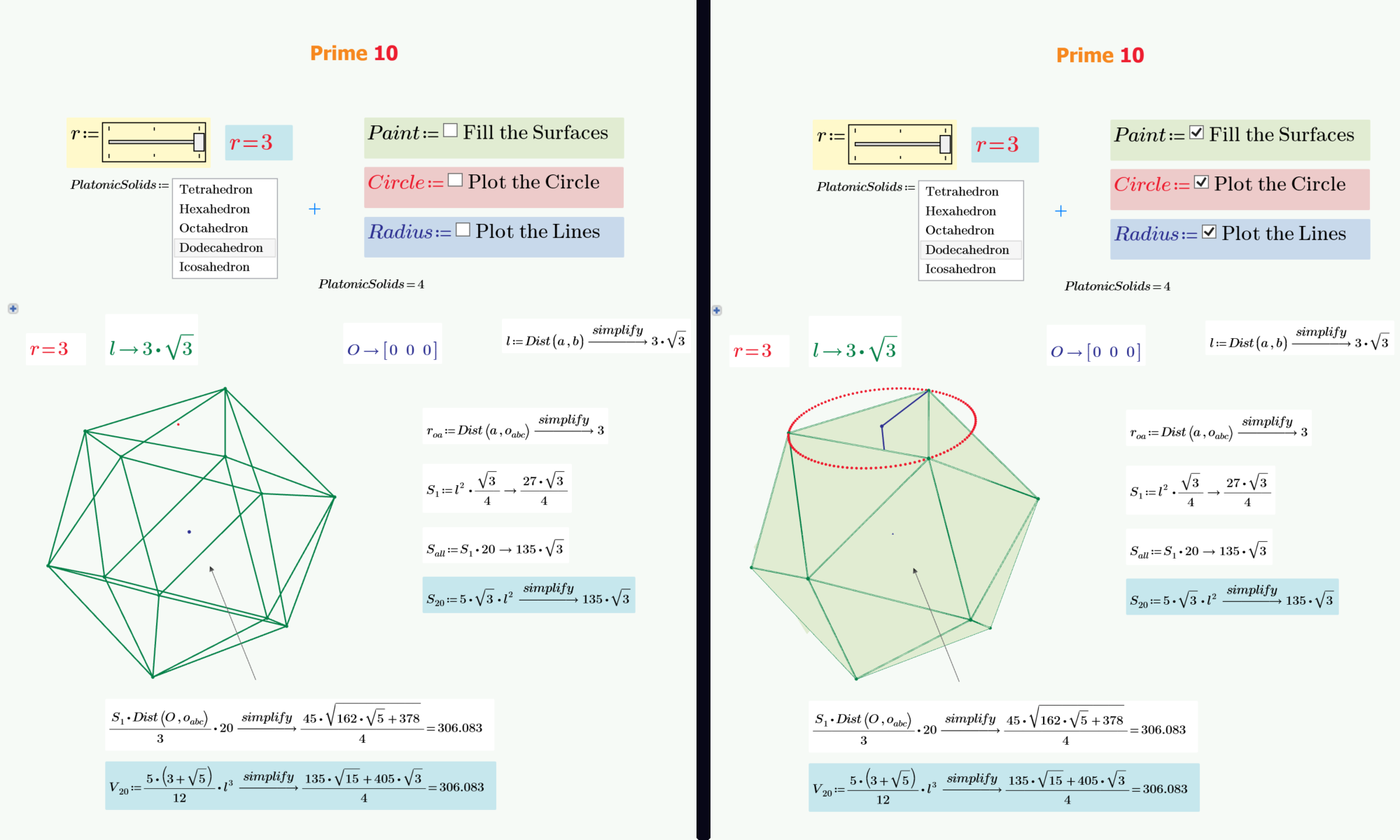 Tokoro's polyhedrons worksheet with Mathcad Prime 10 Advanced Control checkboxes turned off and on