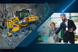 Bulldozer working on a rocky site alongside professionals reviewing data on laptop in an industrial setting.