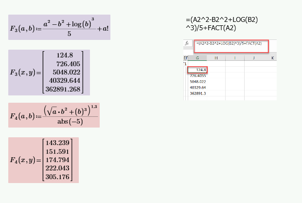 side by side examples of evaluating complex functions over multi-column inputs between Mathcad Prime and Excel, including the absolute value function