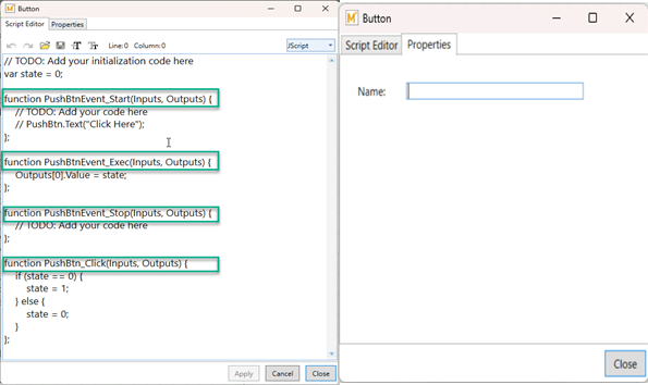 Default Script Editor and Properties of Button Advanced Control Mathcad Prime 10