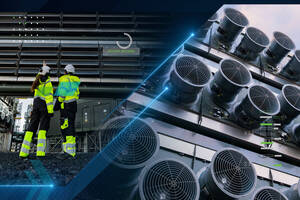 Two Engineers in heigh-visibility safety gear and hard hats inspect large-scale direct air capture equipment with digital monitoring.