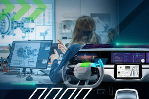 photo collage with daiichi car interior with high tech infotainment screens, and engineers working on CAD mechanical diagrams on computers