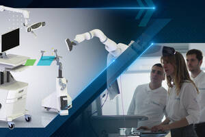 Ronna medical surgical robotics system with robotic arm and console, plus engineering team collaborating on regulatory design.