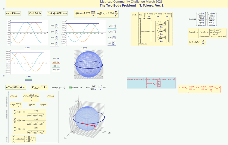 Mathcad Community Challenge Ttokoro two body problem version 2 3D plot odesolve solve block orbital mechanics createmesh